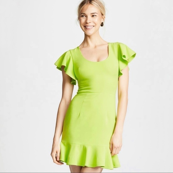 Black Halo Lynn Flutter Sleeve Ruffle Mini Dress Lime Green Size 6 Cocktail - Picture 1 of 8